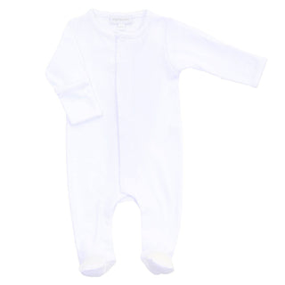 White Baby Footie with White Picot Trim Custom Name Embroidery