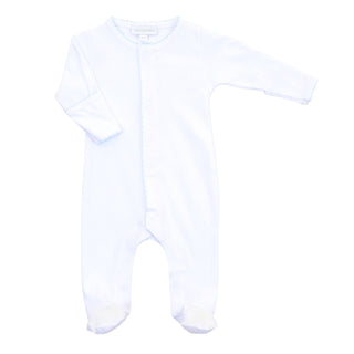 Baby Boys Custom Name Embroidered Footie with Blue Picot Trim