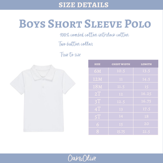 Size Chart for Boys Solid Polo for Custom Embroidery